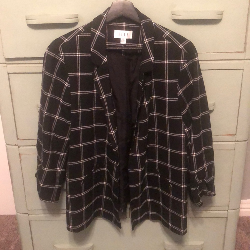 Elle black window pane plaid 3/4 sleeve open front blazer size XXL